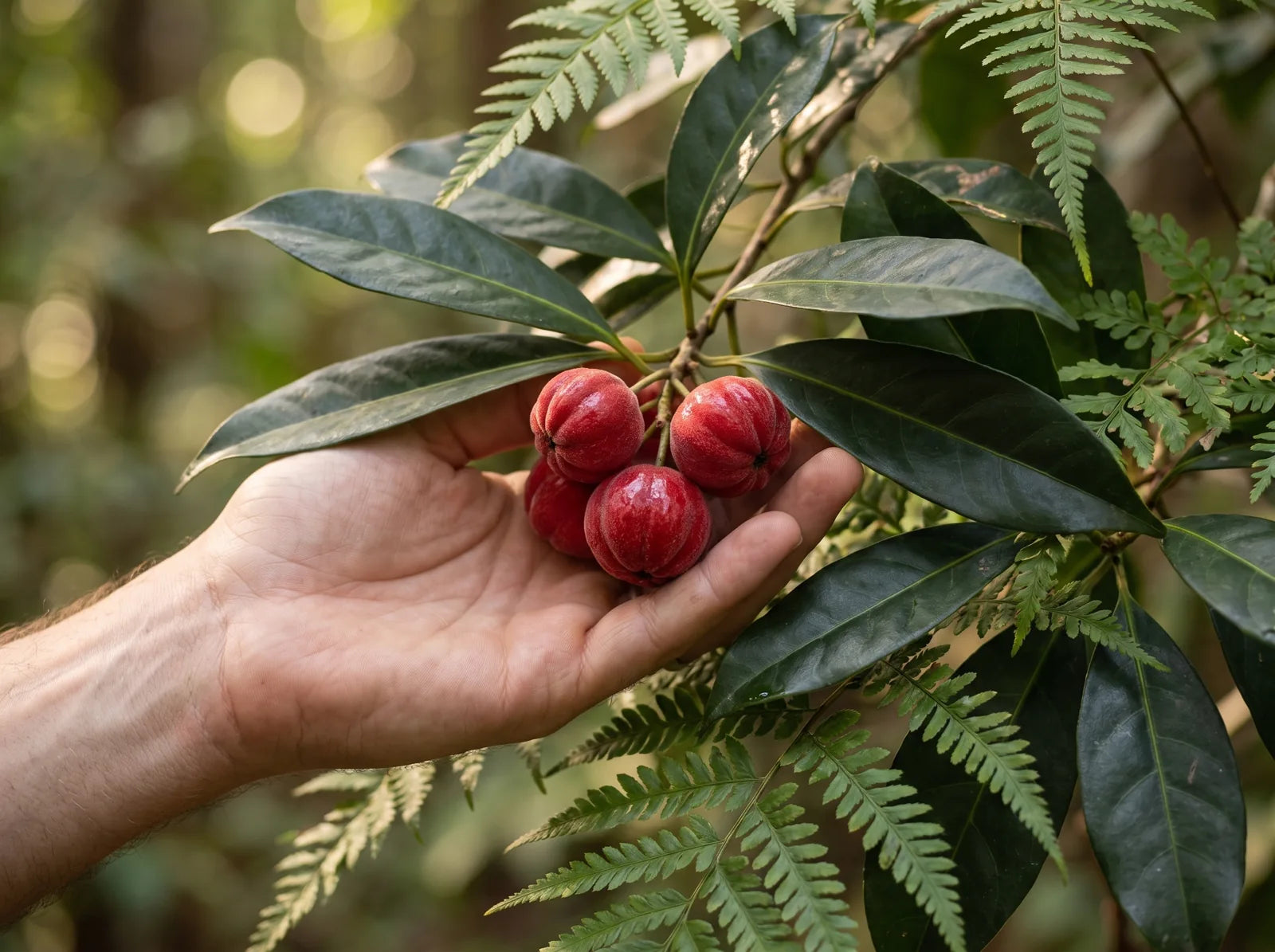 Eine Hand hält die seltene australische Blushwood Berry Pflanze