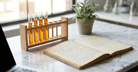 Research notebook and amber test vials on white marble in a bright modern laboratory with natural light