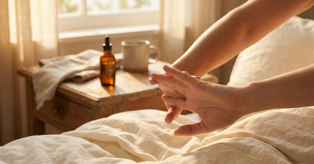 Relaxed hands stretching gently in warm morning light with an amber tincture bottle on a wooden bedside table