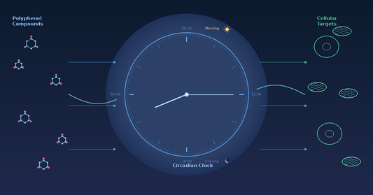 Scientific diagram showing polyphenol molecular structures on the left flowing through a central circadian clock face with morning and evening markers toward cellular targets including mitochondria on the right