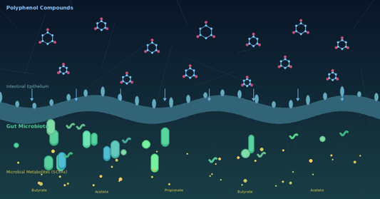 Scientific illustration showing polyphenol molecular structures passing through the intestinal epithelium where gut microbiota bacteria metabolise them into short-chain fatty acids like butyrate and acetate