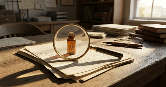A magnifying glass on scientific papers with an amber vial visible through the lens, warm afternoon light on oak desk