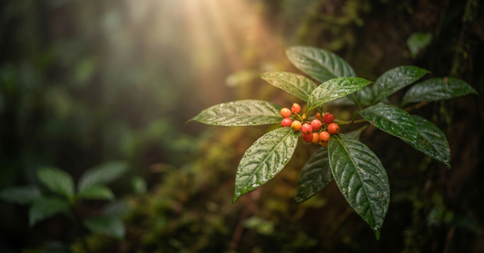Macro botanical photograph of glossy Fontainea picrosperma-style rainforest leaves with a cluster of small red berries lit by a single warm sunbeam through mist.