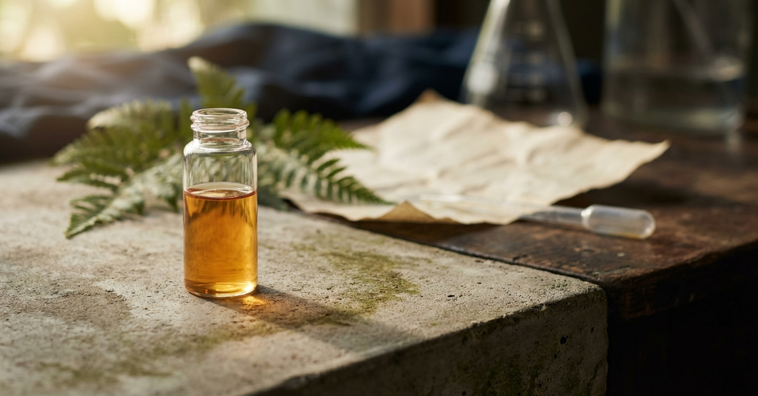 A warm amber laboratory vial on pale stone with softly blurred greenery, evoking botanical science and natural immune research