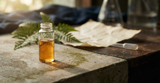 A warm amber laboratory vial on pale stone with softly blurred greenery, evoking botanical science and natural immune research