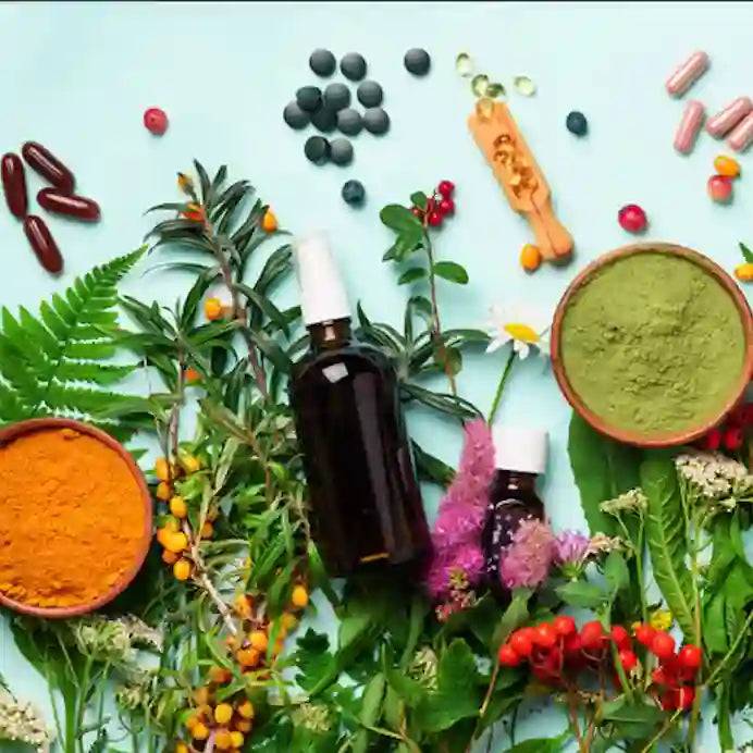 Picture of dropper bottle laying in pile of different herbs and natural powders.