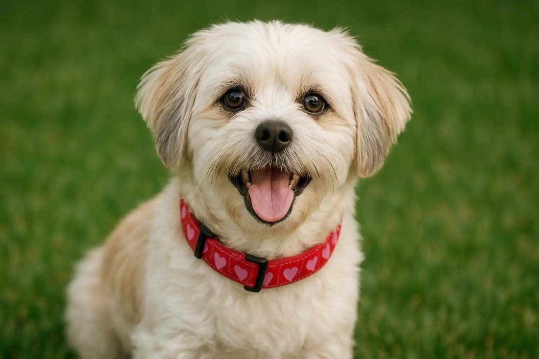 A happy Maltese Shih Tzu mix sits on a green lawn, wearing a red collar with pink hearts. Its soft, cream and tan fur is gently tousled, and it looks directly at the camera with a joyful expression.
