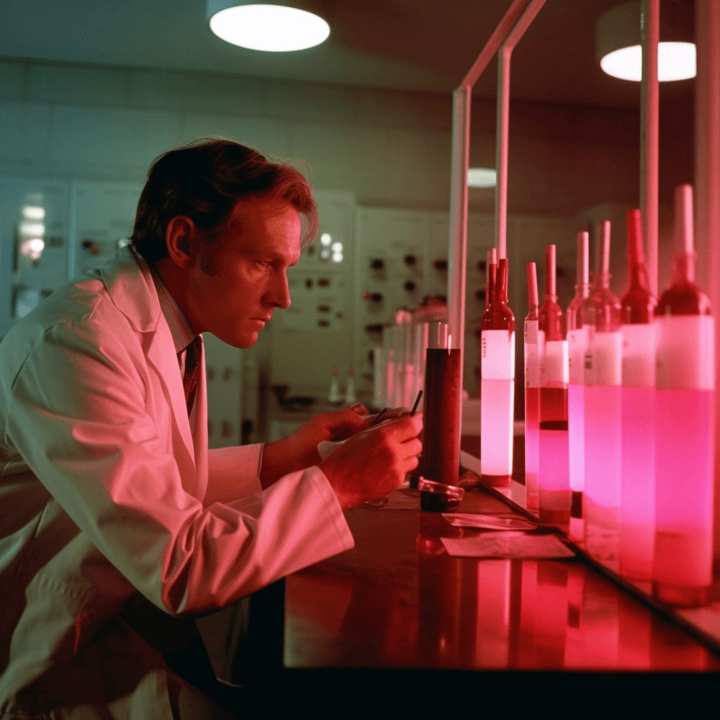 Photo of male scientist working with pink liquid in a lab