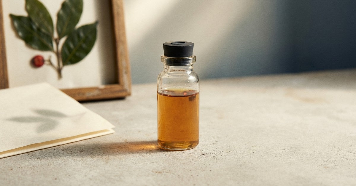Laboratory vial containing amber-coloured extract on a clinical countertop, illustrating third-party lab testing.