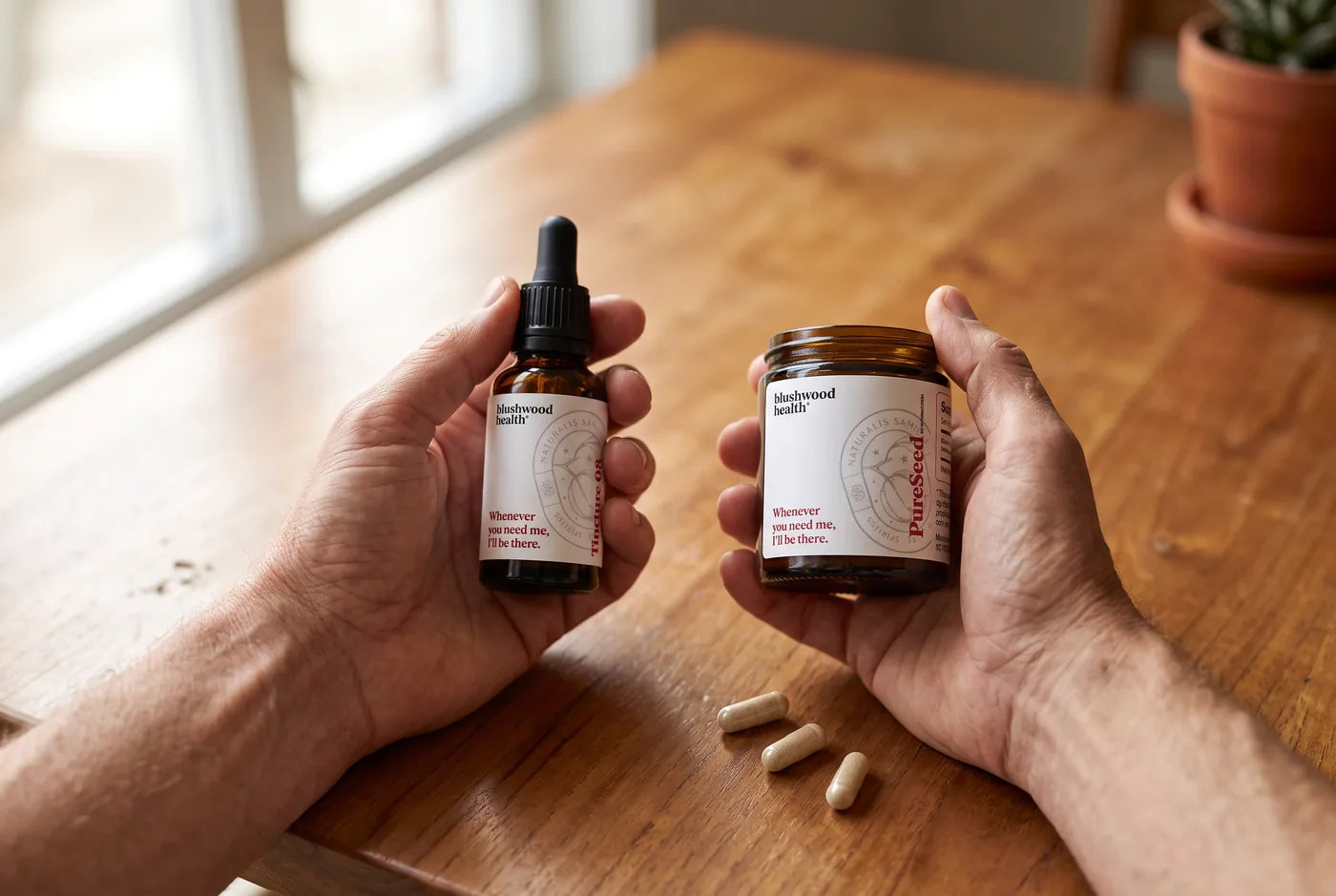 Point of view: hands holding the Blushwood Berry Extract tincture in the left and the capsules jar in the right — choosing between the two formats