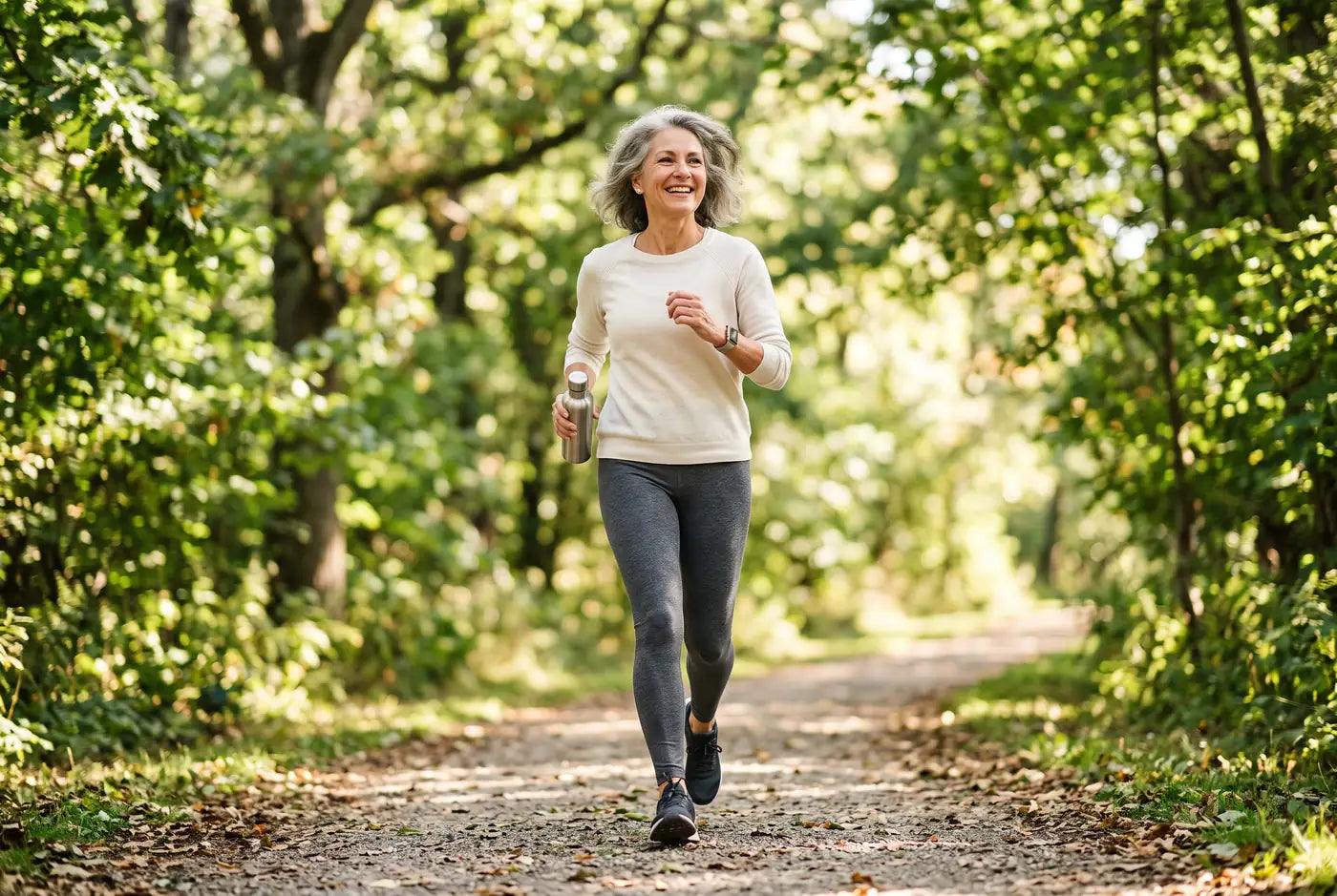 A vibrant woman in her sixties on an energetic morning walk on a sunlit leafy path
