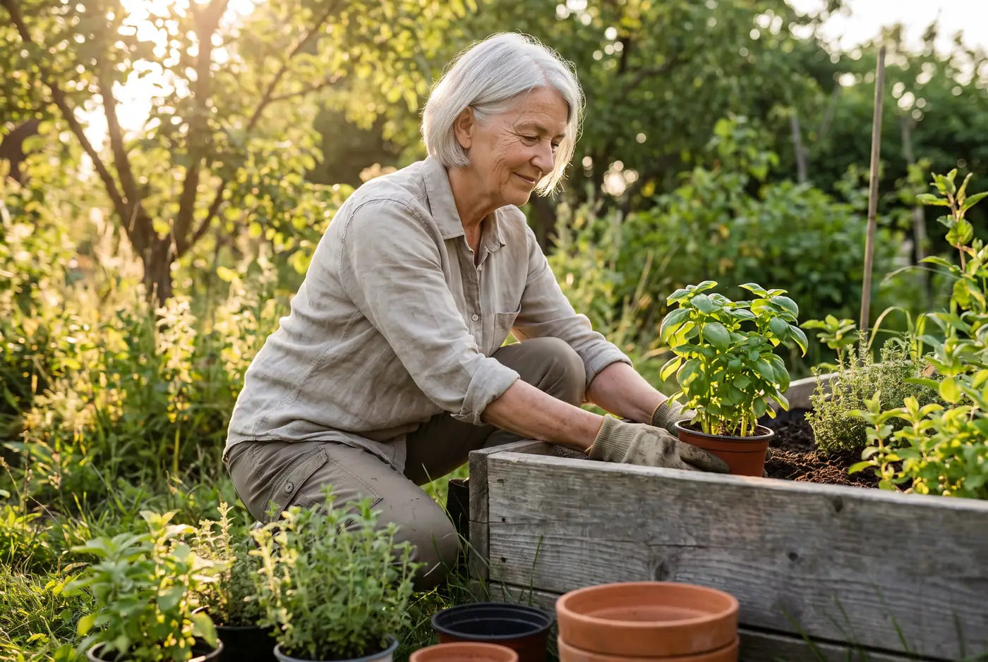 A silver-haired woman in her sixties gardening in warm morning light — patience and growth over time