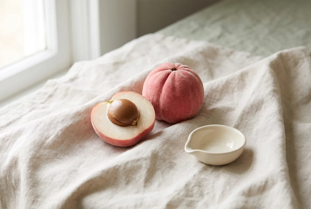 Ripe pink blushwood berry whole and cut in half showing the large brown seed inside, on natural linen