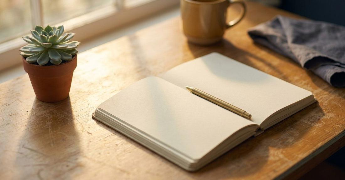 Editorial lifestyle photograph: an open blank notebook with a brass pen resting across it on a warm wooden desk beside a small potted succulent, morning light streaming in from the left — a quiet moment of considered decision-making.