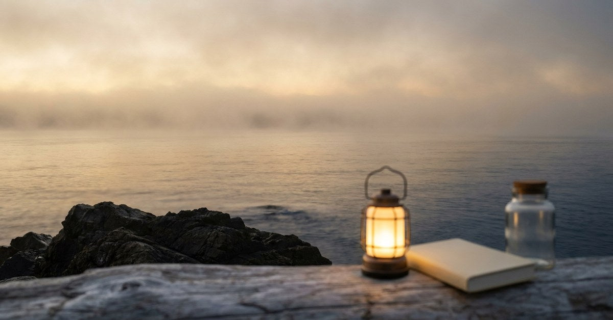 A calm ocean at dawn, the horizon softened by low golden fog, one dark rock breaking the lower third of the frame. TWILIGHT palette.