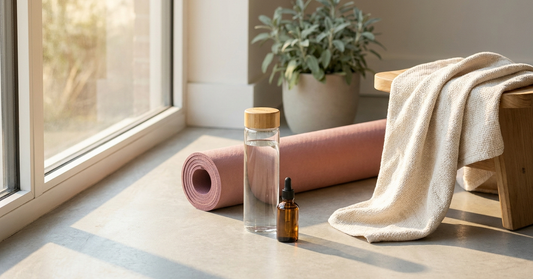 Yoga mat, water bottle, and amber dropper bottle on concrete floor in warm post-workout morning light