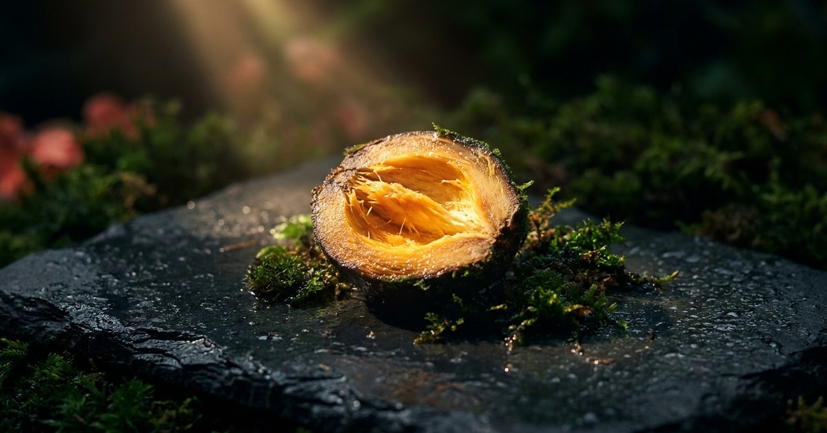 A cross-section of a tropical seed split open on wet dark stone, amber-gold interior visible, tiny green moss patches around it, a single warm shaft of light isolating the seed. RAINFOREST palette.