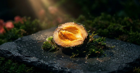 A cross-section of a tropical seed split open on wet dark stone, amber-gold interior visible, tiny green moss patches around it, a single warm shaft of light isolating the seed. RAINFOREST palette.