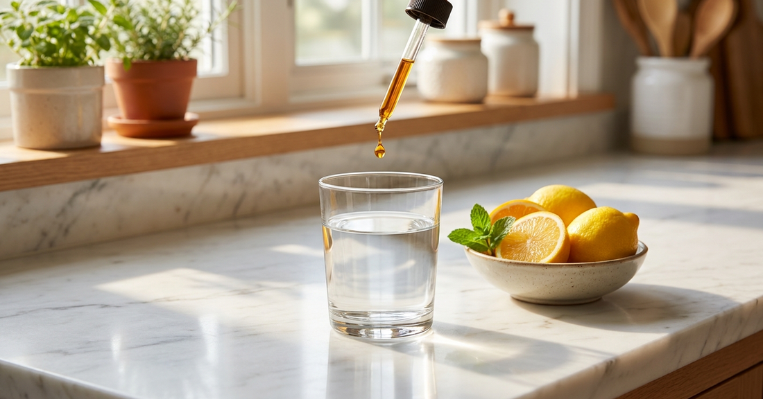 An amber dropper releasing a drop into a glass of water on marble beside fresh citrus fruit in bright morning light