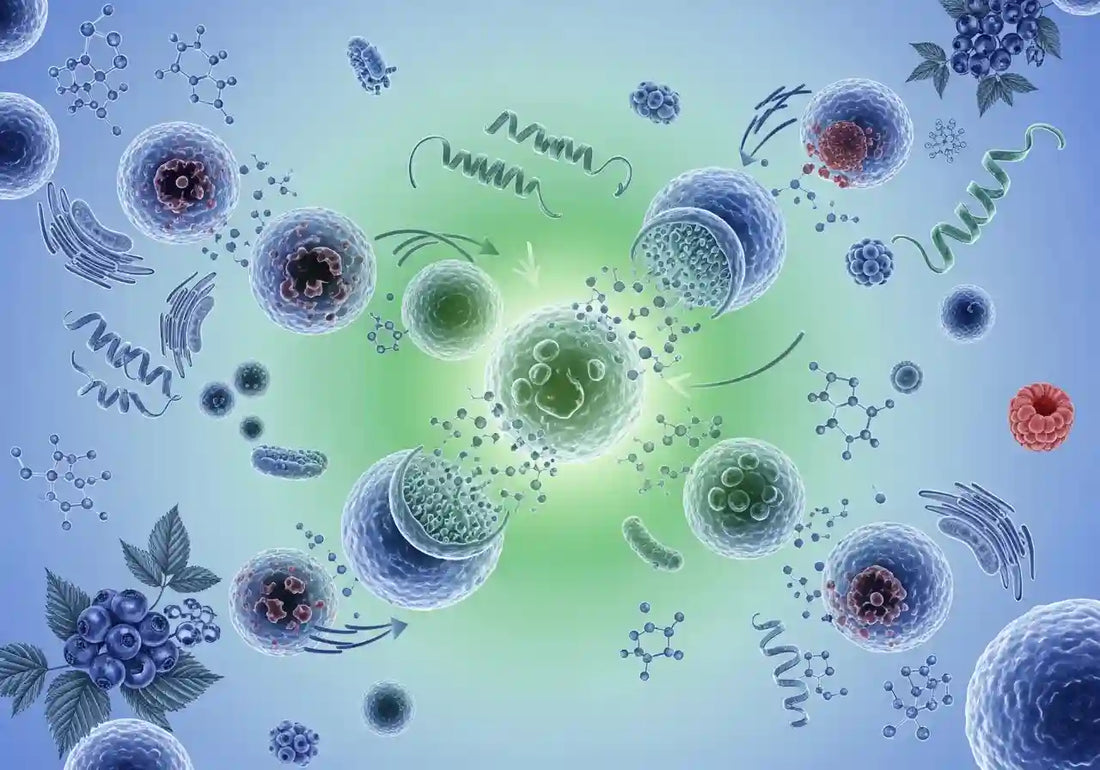 Clean illustration showing therapeutic fasting research, cellular regeneration, and natural EBC-46 Blushwood berry extract therapy without text overlay