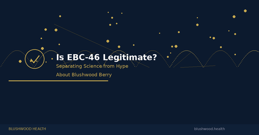 Scientific analysis graphic asking Is EBC-46 Legitimate with verification checkmark and molecular elements on dark blue background