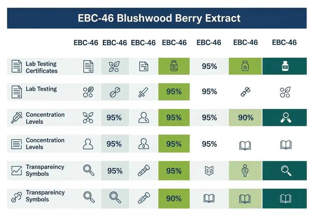 rofessional comparison chart showing different EBC-46 Blushwood berry extract brands with quality indicators, lab testing certificates, and transparency metrics