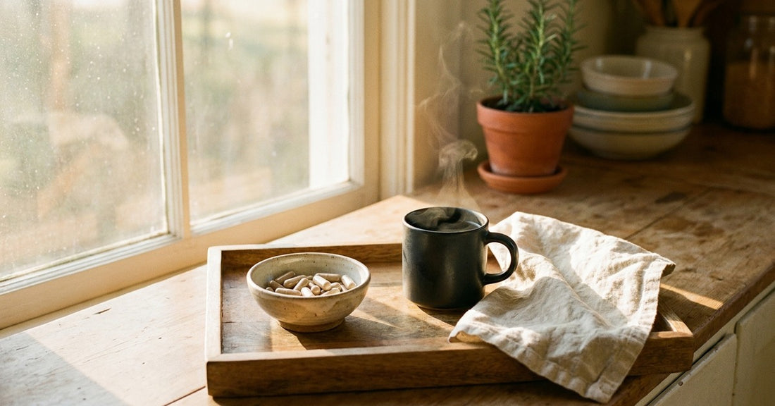 Beige supplement capsules in a ceramic bowl on a wooden breakfast tray with coffee and fresh herbs in warm morning light