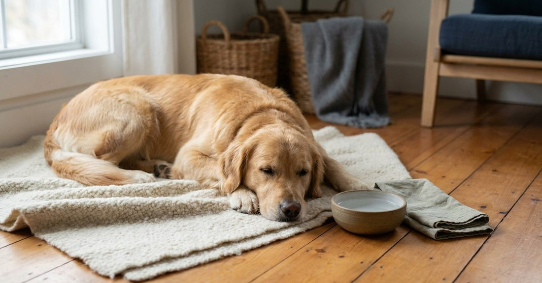A calm, healthy adult dog resting peacefully on a soft cream blanket on a warm wooden floor in soft morning light — evoking the trusted daily wellness routine of EBC-46 Blushwood Berry extract for pet health.