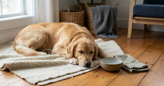 A calm, healthy adult dog resting peacefully on a soft cream blanket on a warm wooden floor in soft morning light — evoking the trusted daily wellness routine of EBC-46 Blushwood Berry extract for pet health.