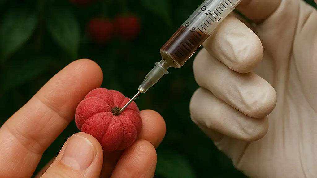 Gloved hand injecting liquid into a ripe blushwood berry using a syringe, symbolizing the extraction or medical research process involving EBC-46.