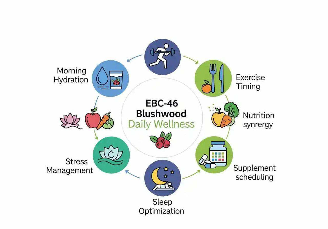 Professional infographic showing EBC-46 Blushwood berry extract lifestyle integration with daily wellness routine elements including exercise, nutrition, stress management, and supplement timing
