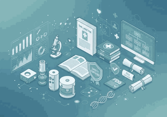 Clinical research laboratory with safety testing equipment, medical charts, and scientific documentation representing EBC-46 Blushwood berry extract safety studies and pharmaceutical testing protocols