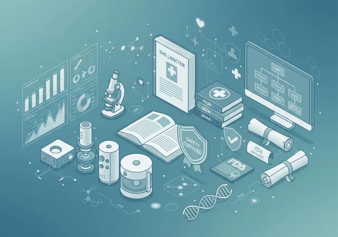 Clinical research laboratory with safety testing equipment, medical charts, and scientific documentation representing EBC-46 Blushwood berry extract safety studies and pharmaceutical testing protocols