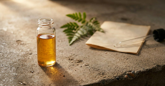 Editorial science still life of a clear glass laboratory vial with warm amber liquid on a raw concrete surface, with soft greenery and a pipette blurred behind — evocative of EBC-46 and Blushwood Berry cellular signalling research.