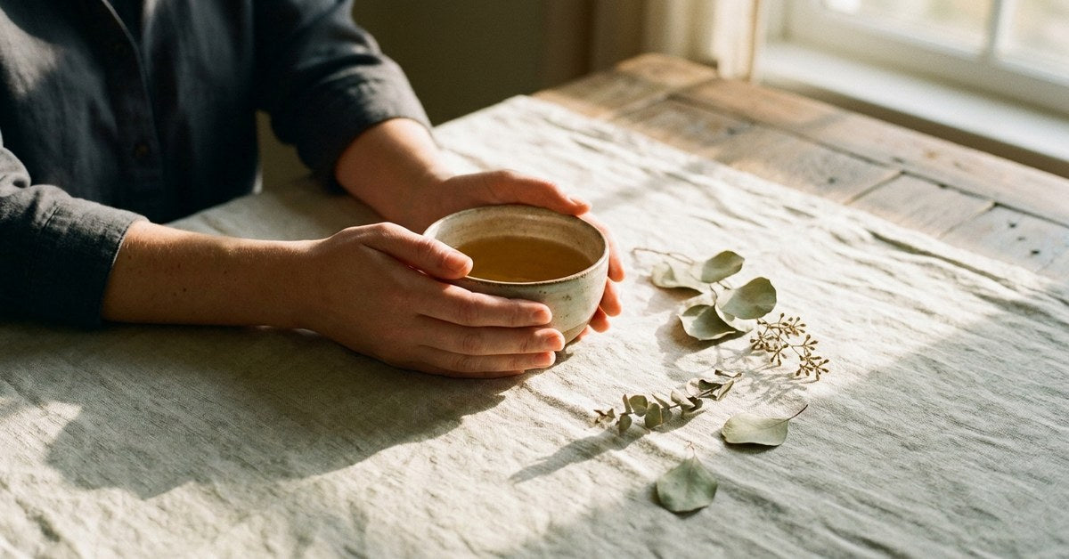 Editorial lifestyle photograph evoking the quiet rhythm of a daily wellness routine in soft natural light — a calm moment representing the morning-vs-evening timing of Blushwood Berry Extract.