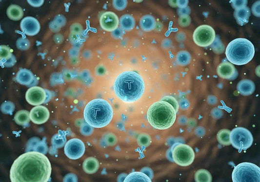 Natural immune system defense cells including white blood cells, lymphocytes, and antibodies illustrated in vibrant blue and green tones representing healthy immune function and natural wellness support