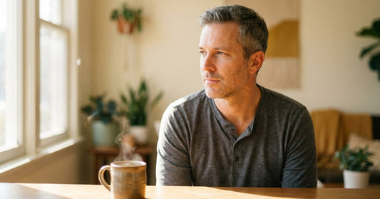 A middle-aged man with greying hair sits at a sunlit wooden table by a window in the morning, looking thoughtfully off-camera with a ceramic mug of tea in the foreground — a quiet, contemplative moment of recalibration.