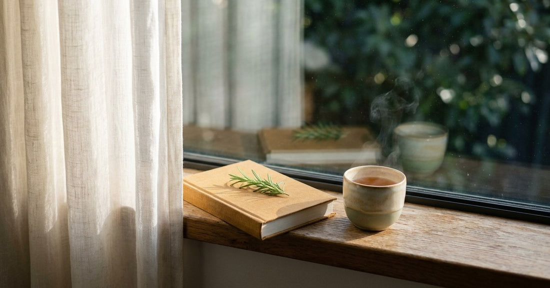 Editorial lifestyle photograph: a closed hardcover book with rosemary, ceramic tea cup with rising steam, on a sun-warmed oak windowsill — the calm pause of a pet owner researching EBC-46 Blushwood Berry Extract and Stelfonta.