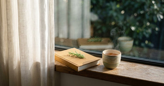 Editorial lifestyle photograph: a closed hardcover book with rosemary, ceramic tea cup with rising steam, on a sun-warmed oak windowsill — the calm pause of a pet owner researching EBC-46 Blushwood Berry Extract and Stelfonta.