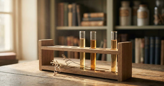 Glass test tubes in a wooden rack with amber liquid - the science of tigilanol tiglate, the EBC-46 Blushwood Berry compound.