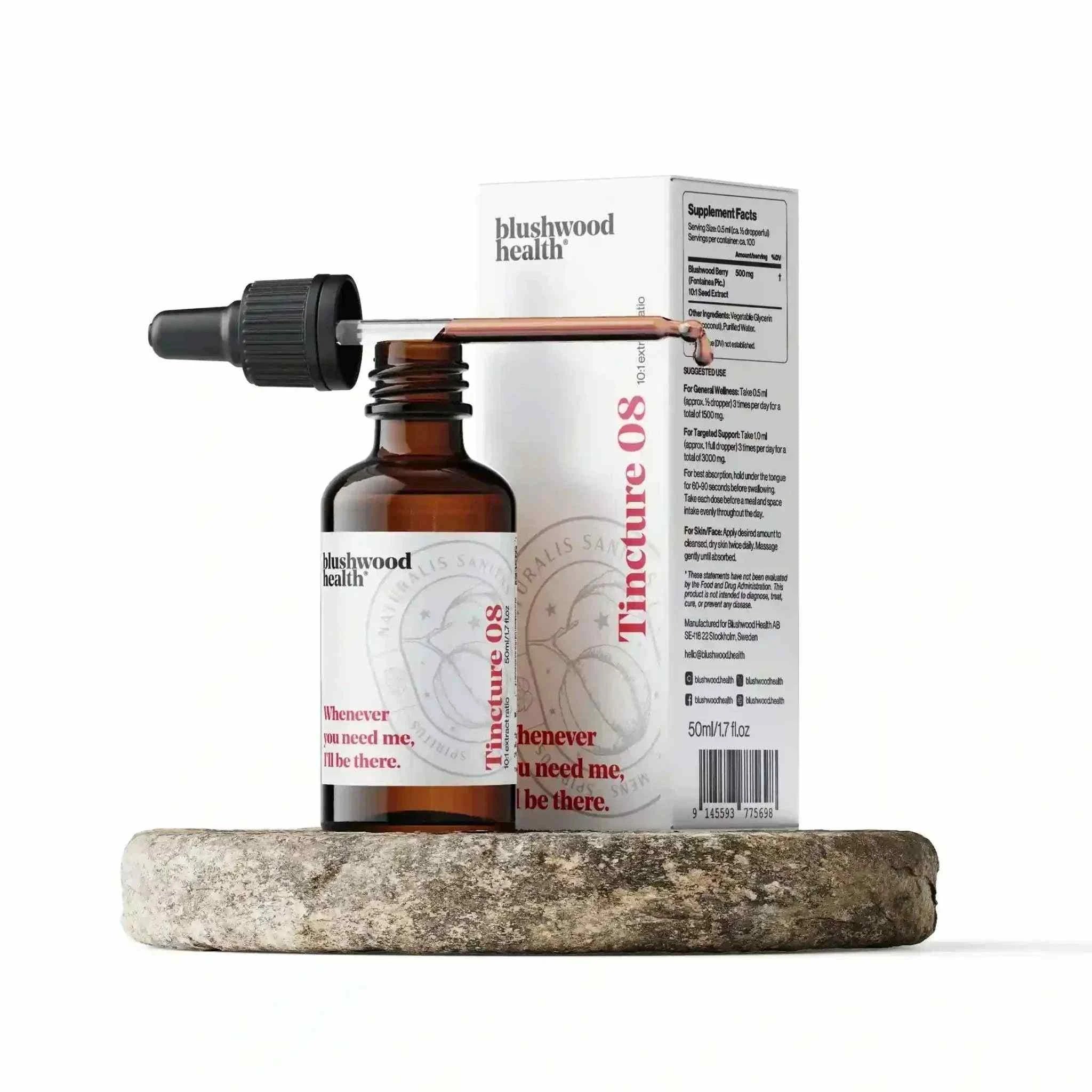 EBC-46 tincture bottle with dropper featuring blushwood berry extract for wellness routines