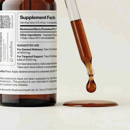EBC-46 tincture bottle with dropper containing 10:1 whole-seed Blushwood berry extract for wellness routines
