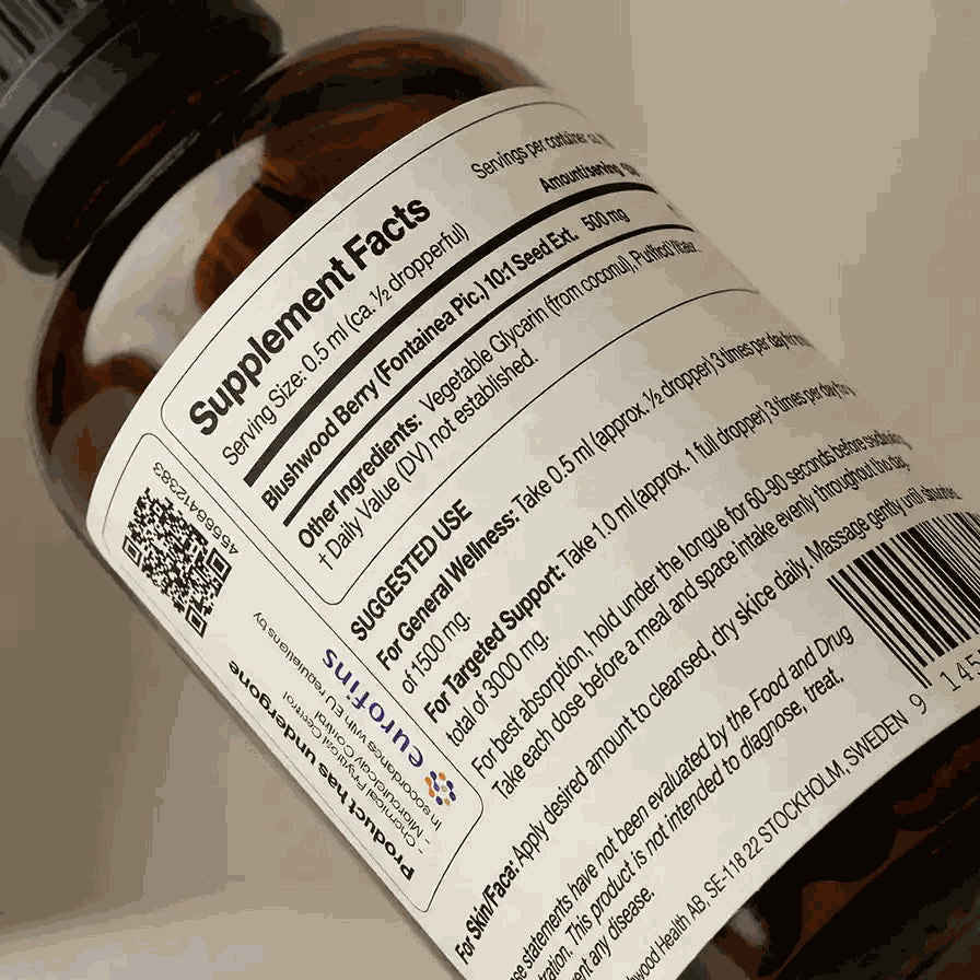 EBC-46 Tincture bottle from Blushwood Berry showcasing 10:1 whole-seed botanical extract for sublingual and topical use