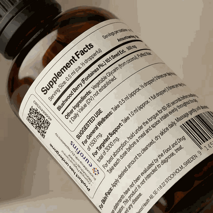 EBC-46 Tincture bottle from Blushwood Berry showcasing 10:1 whole-seed botanical extract for sublingual and topical use