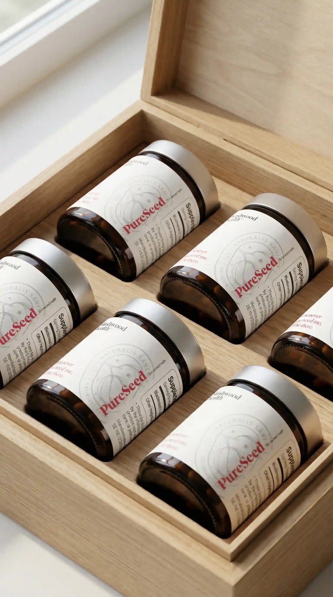 Set of Blushwood Health EBC-46 capsules jars arranged in a wooden box