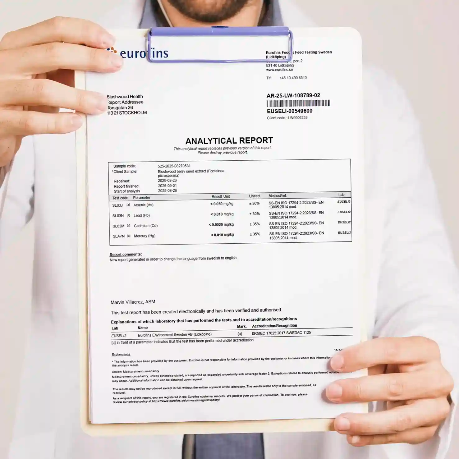 Laboratory testing environment showing quality analysis of Blushwood Health EBC-46