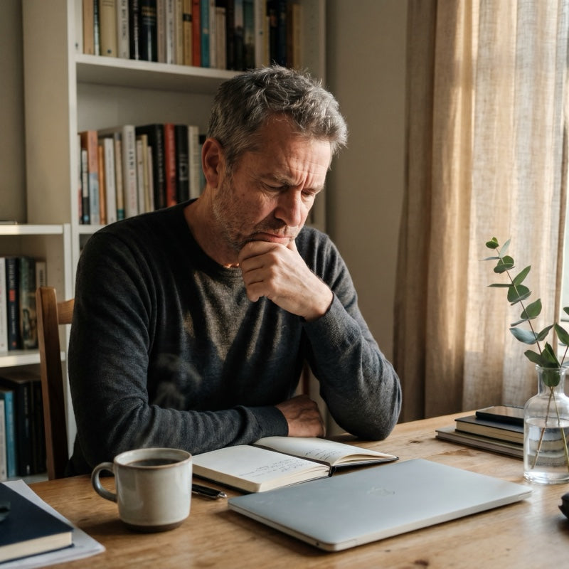 Focused at his desk in afternoon light — steady energy through the day