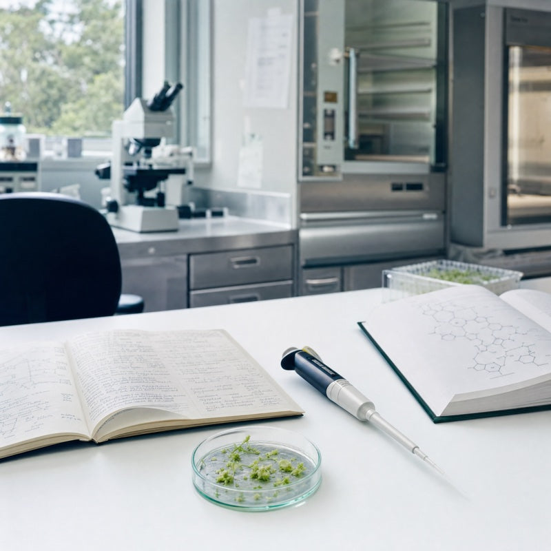 QIMR-style research lab with plant tissue samples and scientific journal